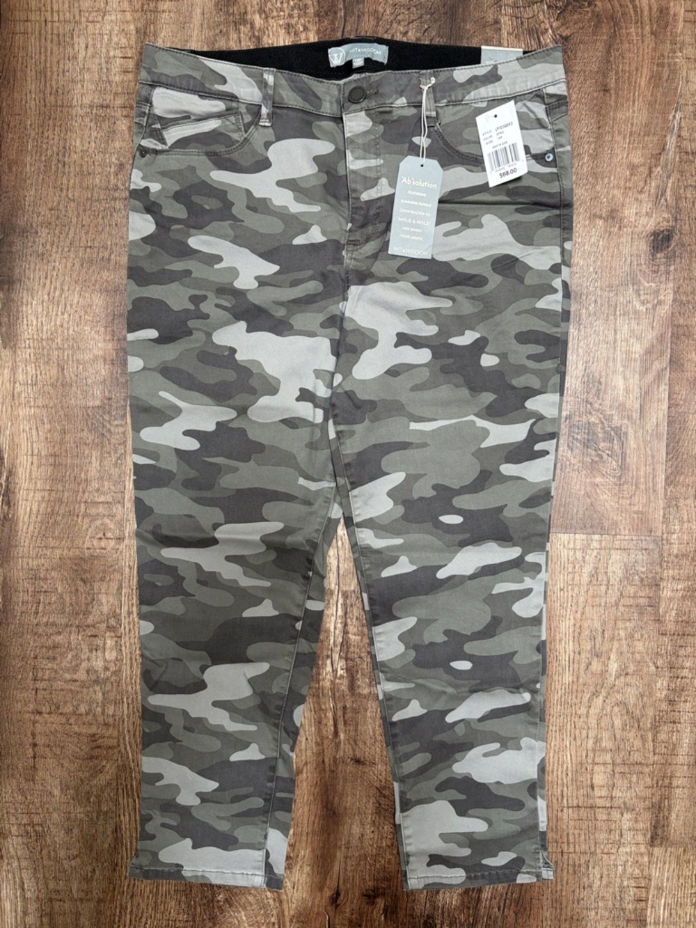 NWT Wit & Wisdom Absolution High Rise Gray Olive Camo Ankle Skim Pants, Size 14P